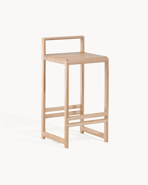 Oak Bar Stool Ebba by Crea in solid oak, minimalist design with square seat and integrated backrest.