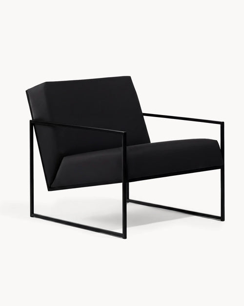 Armchair Kent in jade black vegan leather on a black powder-coated steel frame, three-quarter view