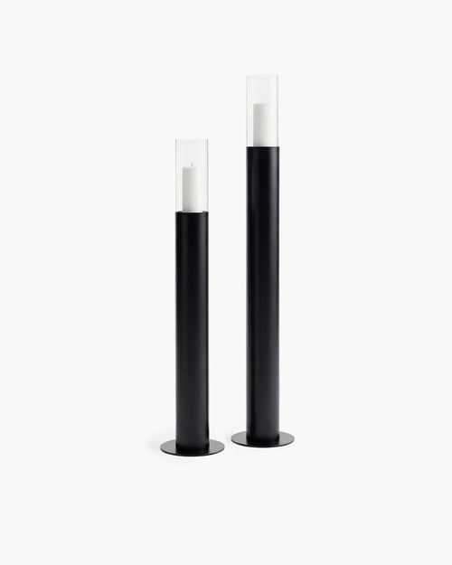 Candleholder Thomas set of 2 with black frame, featuring tall cylindrical design and clear glass for modern decor.